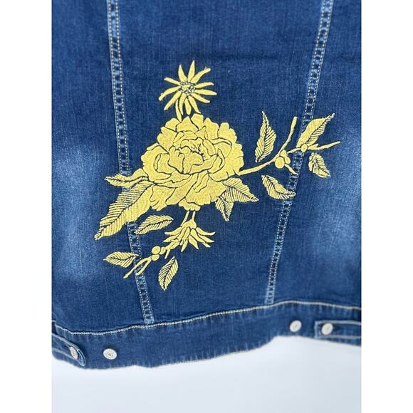 Lularoe Jean Jacket Women Medium Boho Gold Embroidery Flowers Dark Denim Pockets - Picture 6 of 10